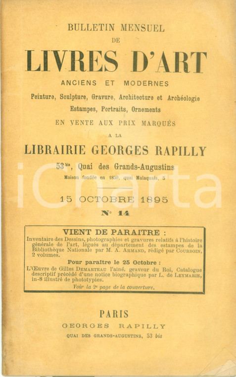 1895 PARIS Bulletin mensuel de livres d'art en vente chez Georges RAPILLY