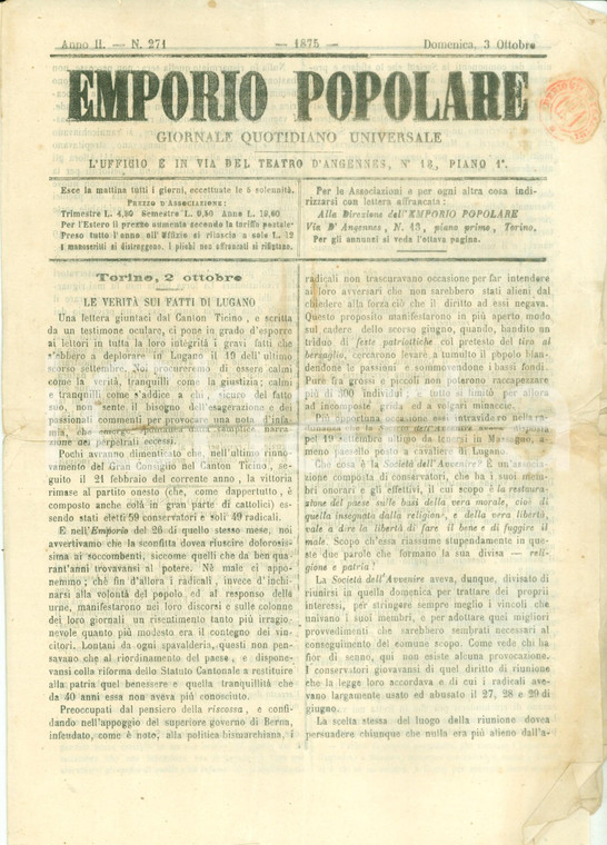 1875 EMPORIO POPOLARE Verità sui fatti di LUGANO Sommosse popolari *Giornale