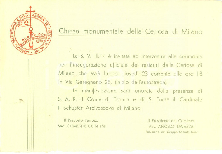 1935 ca MILANO Invito a inaugurazione restauri Chiesa Monumentale della CERTOSA