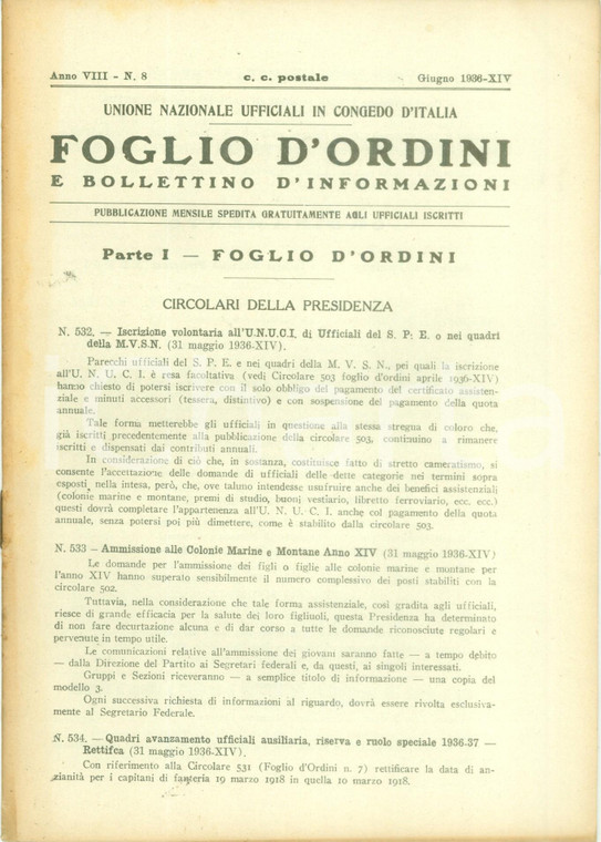 1936 ROMA U.N.U.C.I. Foglio d'ordini Circolari della Presidenza *Rivista