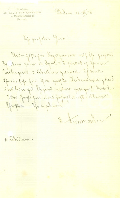 1911 WIEN Direktor Alois STEINMASZLER *Lettera commerciale manoscritta