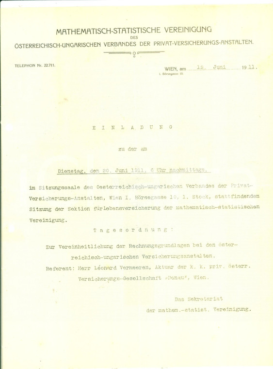 1911 TRIESTE Mathematisch-Statistische Vereinigung Convocazione assemblea