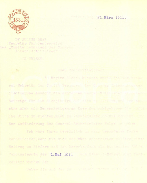 1911 TRIESTE Julius GRAF Segretario Comité Permanent Congrès d'Actuaires Lettera