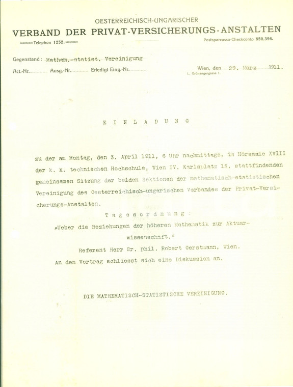 1911 TRIESTE Mathematisch-Statistische Vereinigung Riunione assemblea Lettera