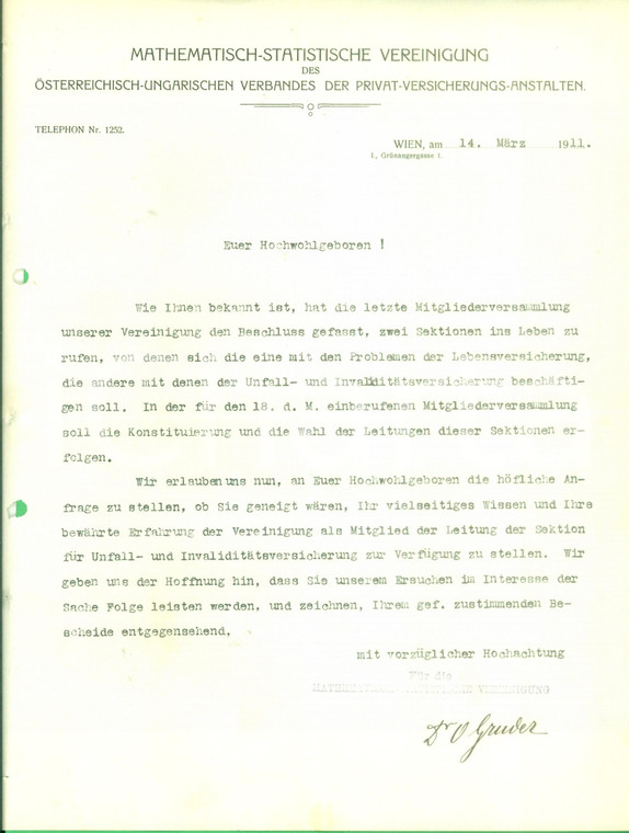 1911 TRIESTE Mathematisch-Statistische Vereinigung Riunione assemblea *Lettera