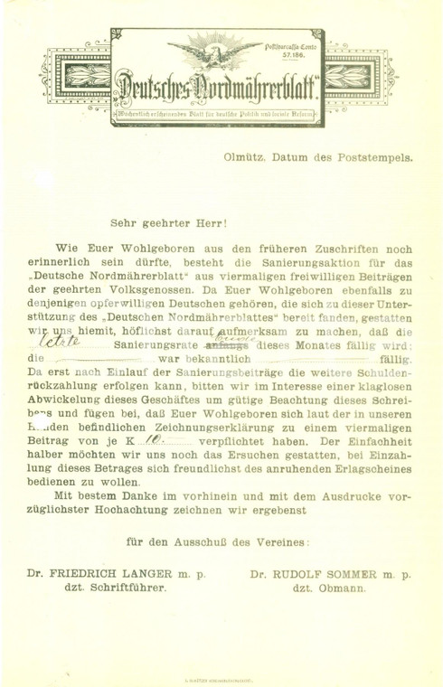 1910 OLMUTZ (REPUBBLICA CECA) Deutsches Nordmährerblatt *Lettera commerciale
