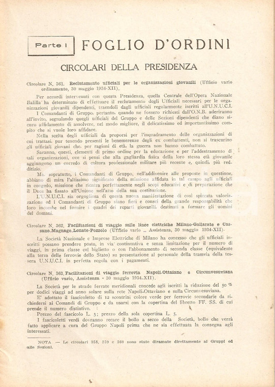 1934 ROMA U.N.U.C.I. Foglio d'ordini Addestramenti dei gruppi di ufficiali