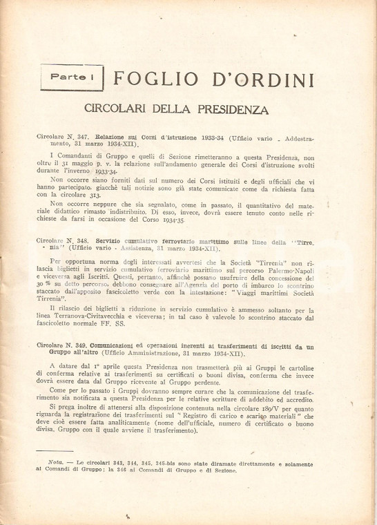 1934 ROMA U.N.U.C.I. Foglio d'ordini Esercitazioni gruppi di addestramento