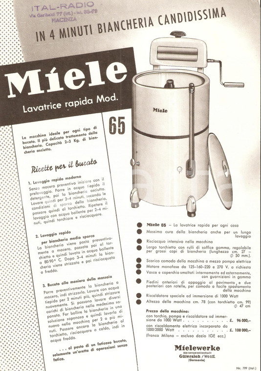 1955 ca GUTERSLOH (GERMANIA) Volantino MIELE Lavatrice Mod. 65 *Pubblicità