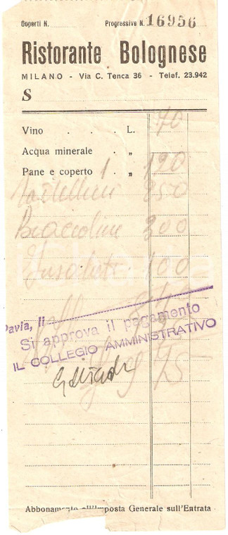 1950 ca MILANO Ristorante BOLOGNESE *Ricevuta DANNEGGIATA