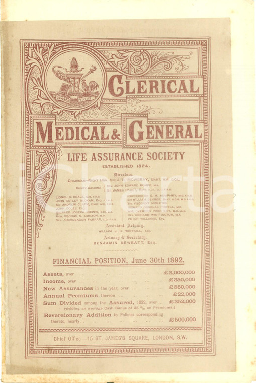 1892 LONDON Clerical Medical & General Opuscolo assicurativo ILLUSTRATO