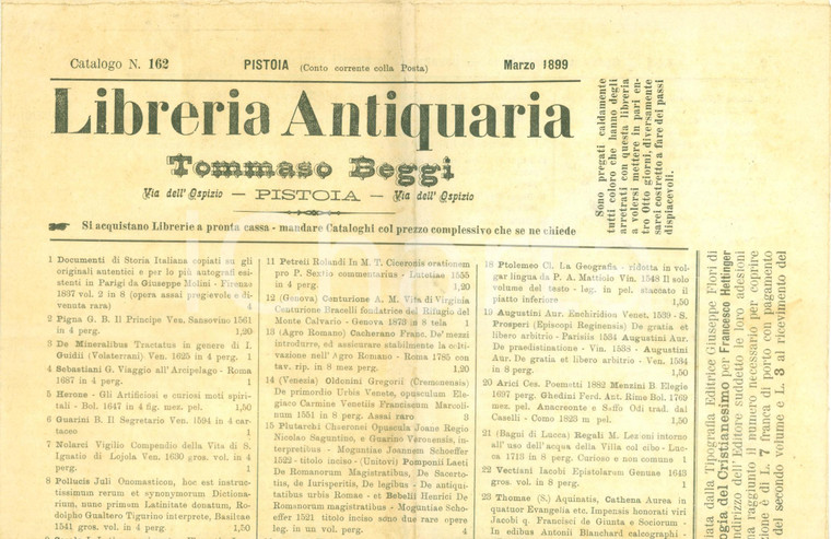1899 PISTOIA Libreria Antiquaria Tommaso BEGGI Catalogo schede bibliografiche