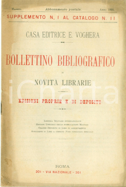 1895 ROMA Casa Editrice VOGHERA Bollettino bibliografico novità librarie