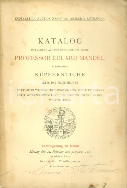 1887 BERLIN Katalog Professor Eduard MANDEL Kupferstiche Alter und Neuer Meister