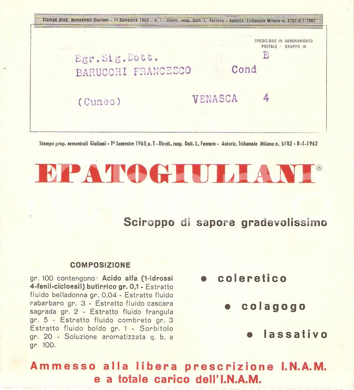 1962 MILANO Stabilimento farmaceutico GIULIANI Epatogiuliani *Volantino 14x15 cm