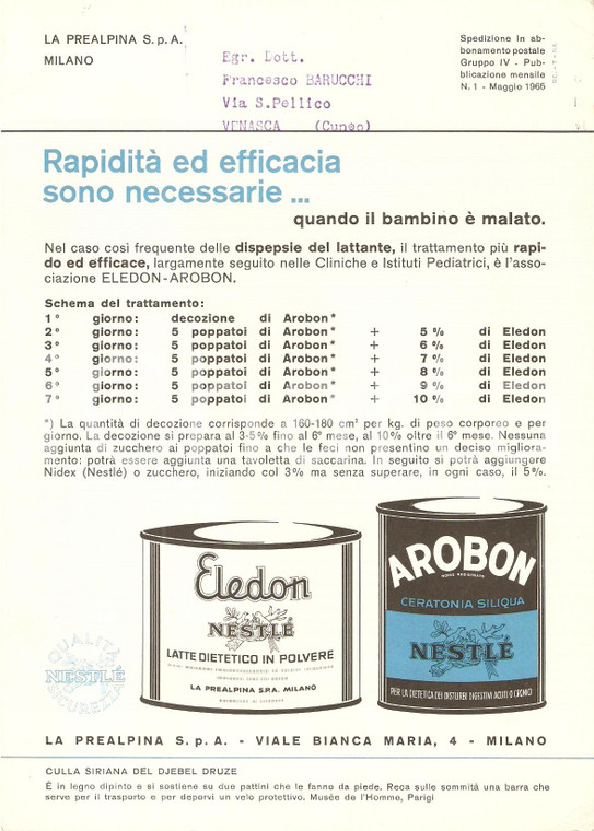 1965 NESTLE' Latte dietetico ELEDON Ceratonia siliqua AROBON *Volantino 15x21 cm