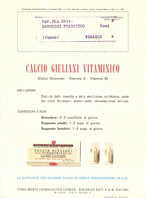 1962 MILANO Stabilimento farmaceutico GIULIANI Vitaminico *Volantino 16x22 cm