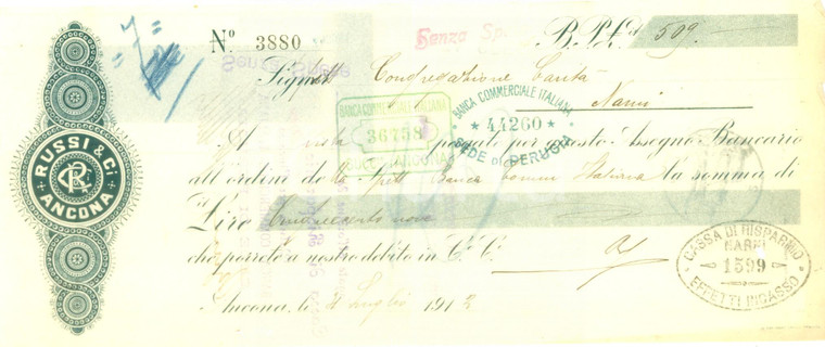 1912 ANCONA Ditta RUSSI & C.i *Assegno bancario pubblicitario