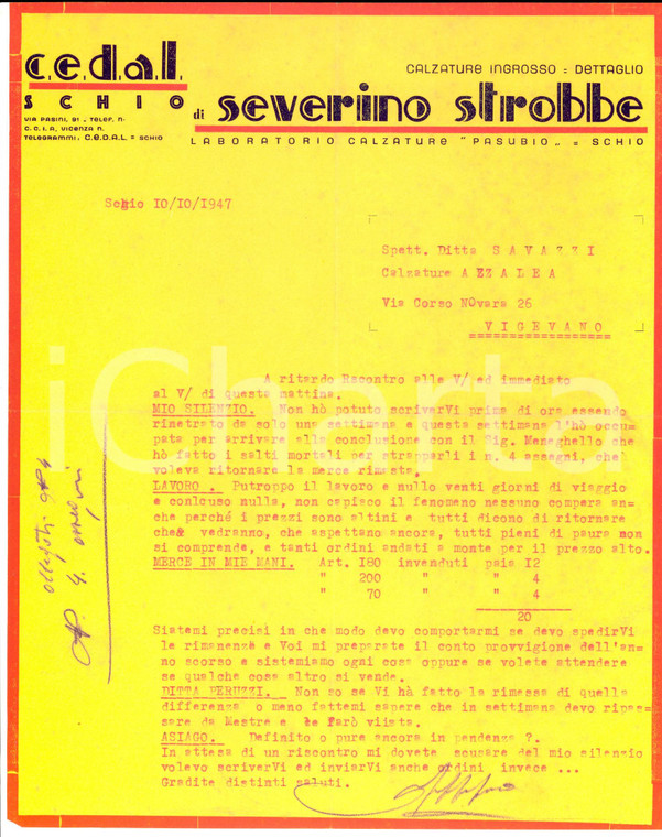 1947 SCHIO (VI) Calzature CEDAL di Severino STROBBE - Gli ordini vanno a monte