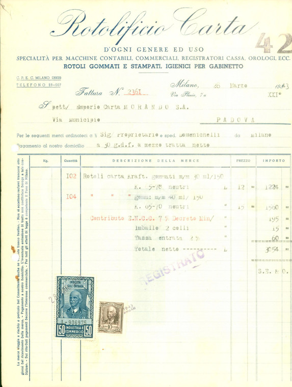 1943 MILANO Rotolificio carta Macchine contabili commerciali Fattura commerciale