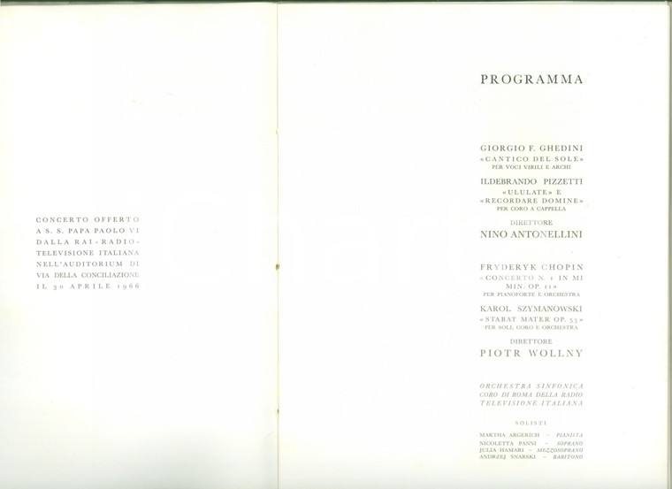 1966 ROMA Concerto Piotr WOLLNY offerto a PAOLO VI *Programma ILLUSTRATO