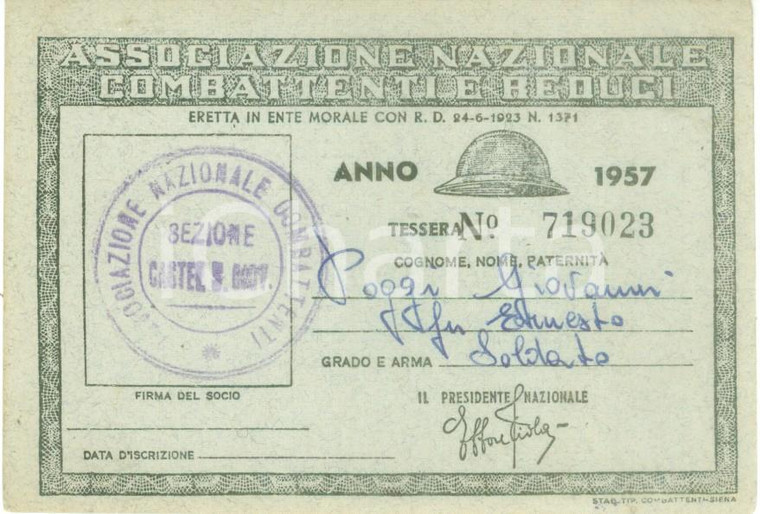 1957 CASTEL SAN GIOVANNI Associazione Combattenti Reduci Tessera Giovanni POGGI