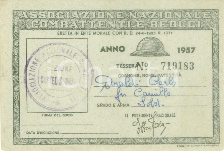 1957 CASTEL SAN GIOVANNI Associazione Combattenti Reduci Tessera Carlo ARALDI