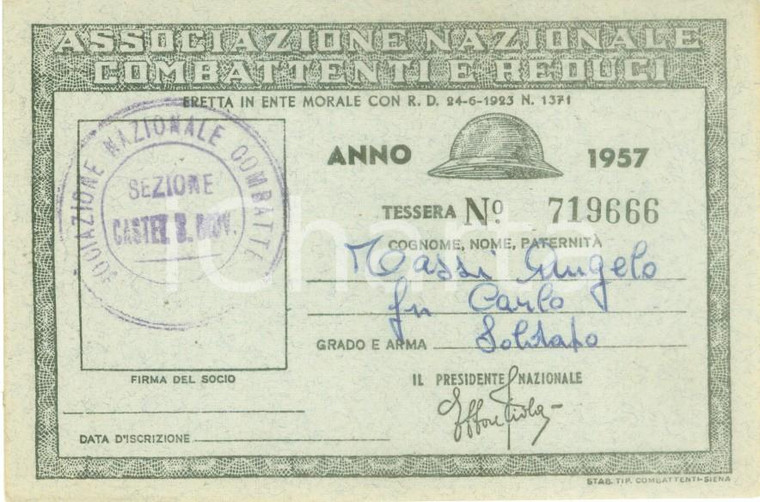 1957 CASTEL SAN GIOVANNI Associazione Combattenti Reduci Tessera Angelo TASSI