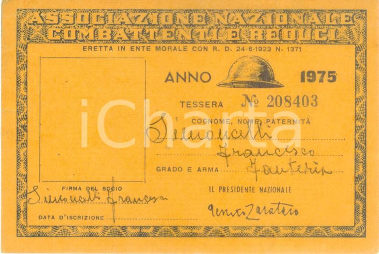 1975 CALVI DELL'UMBRIA Associazione Combattenti Tessera Francesco SIMONCELLI