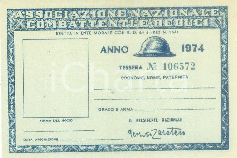 1974 TERNI Associazione Nazionale Combattenti Tessera non compilata