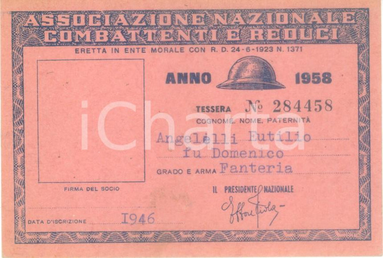 1958 COLLESCIPOLI Associazione Nazionale Combattenti Tessera Eutilio ANGELELLI