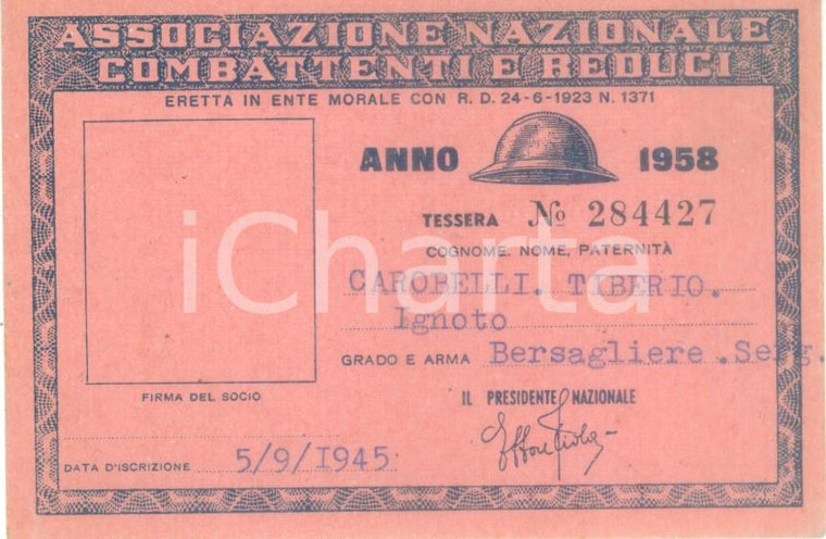 1958 COLLESCIPOLI Associazione Nazionale Combattenti Tessera Tiberio CAROBELLI