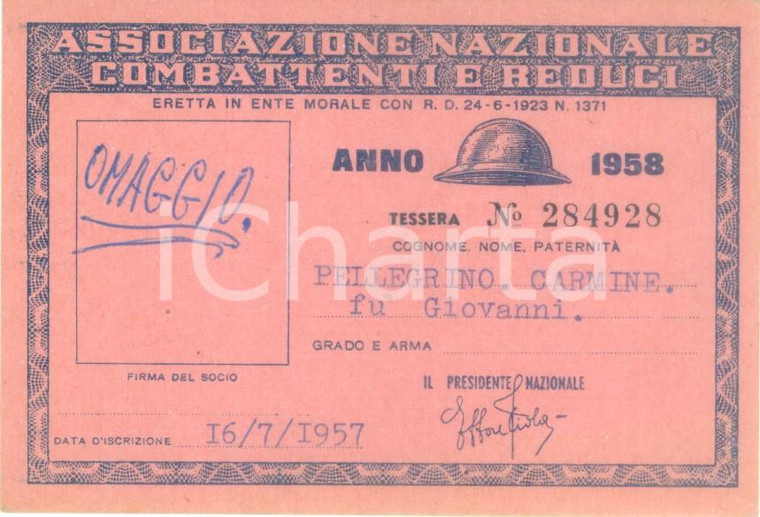 1958 COLLESCIPOLI Associazione Nazionale Combattenti Tessera Carmine PELLEGRINO