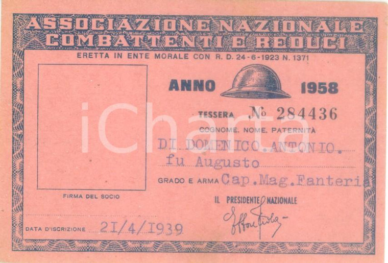 1958 COLLESCIPOLI Associazione Nazionale Combattenti Tessera Antonio DI DOMENICO