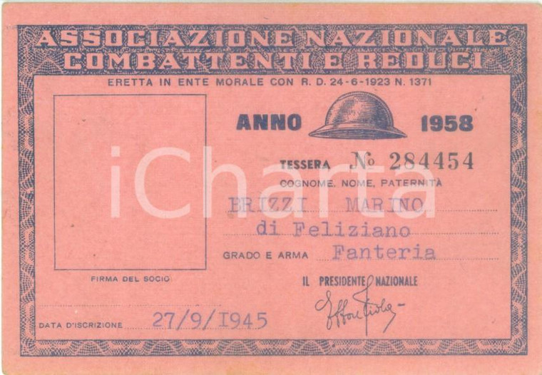 1958 COLLESCIPOLI Associazione Nazionale Combattenti Tessera Marino BRIZZI