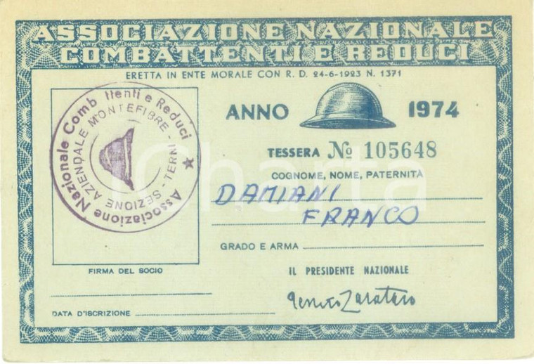 1974 TERNI Associazione Nazionale Combattenti Tessera Franco DAMIANI