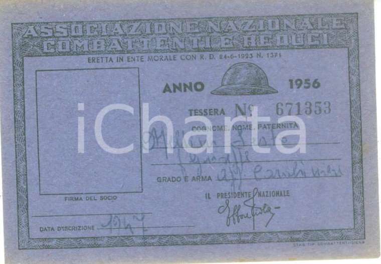 1956 COLLESCIPOLI Associazione Nazionale Combattenti Tessera Sesto MELLINI