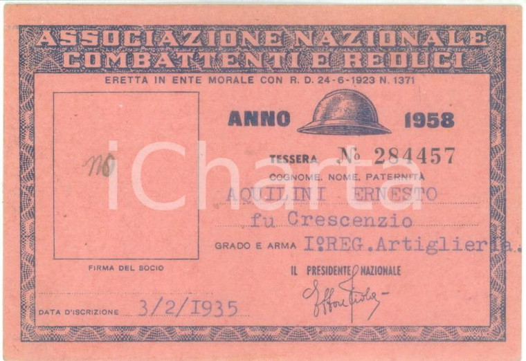 1958 COLLESCIPOLI Associazione Nazionale Combattenti Tessera Ernesto AQUILINI