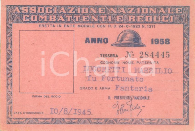 1958 COLLESCIPOLI Associazione Nazionale Combattenti Tessera Marsilio LUCCHETTI