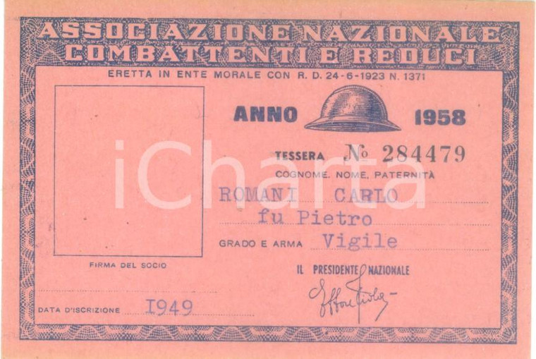 1958 COLLESCIPOLI Associaz. Nazionale Combattenti Tessera Carlo ROMANI