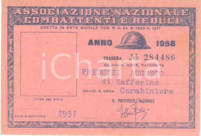 1958 COLLESCIPOLI Associazione Nazionale Combattenti Tessera Augusto FREDUZZI