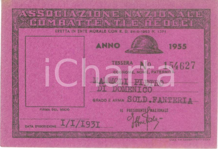 1955 COLLESCIPOLI Associazione Nazionale Combattenti Tessera Pietro MAMMOLI