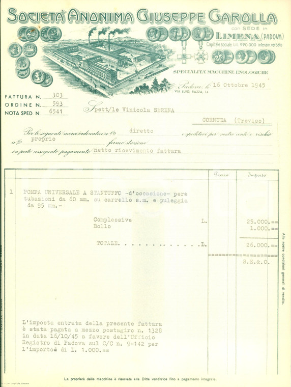 1945 LIMENA (PD) Società Giuseppe GAROLLA Macchine enologiche *Fattura