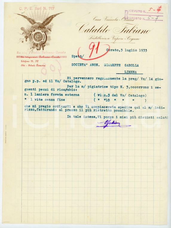 1933 CORATO (BA) Casa Vinicola Olearia cataldo FABIANO *Lettera commerciale