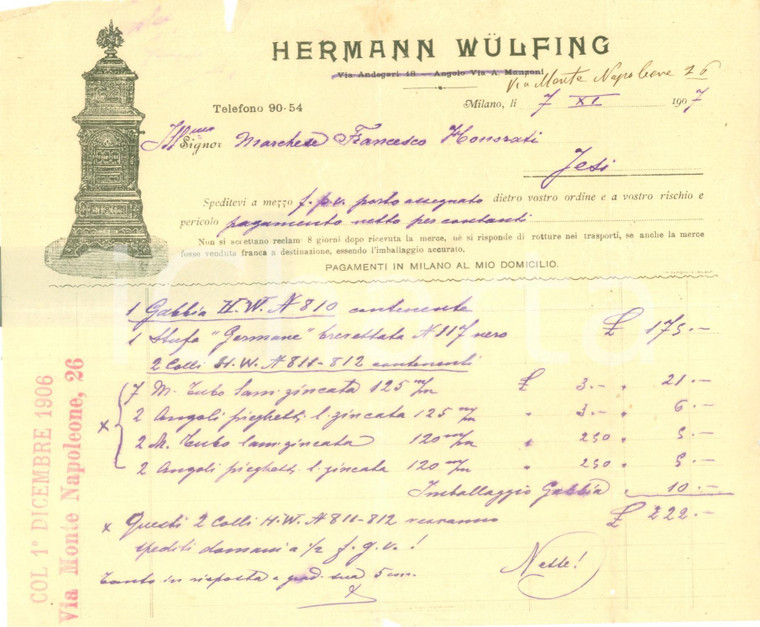 1907 MILANO Hermann WULFING Fabbrica di stufe *Fattura illustrata