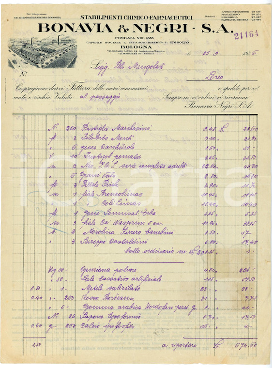 1936 BOLOGNA Stabilimenti chimico farmaceutici BONAVIA & NEGRI Fattura