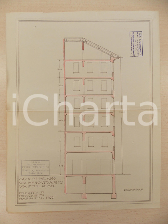 1940 ca MILANO Arch Ferruccio BIGI Progetto sezione casa civile Via FIORI CHIARI