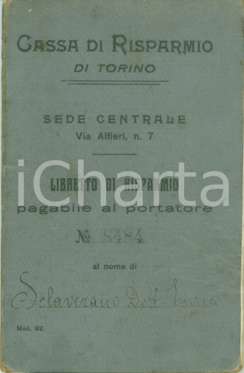 1919 TORINO Cassa di Risparmio Libretto al portatore Enrico SCLAVERANO