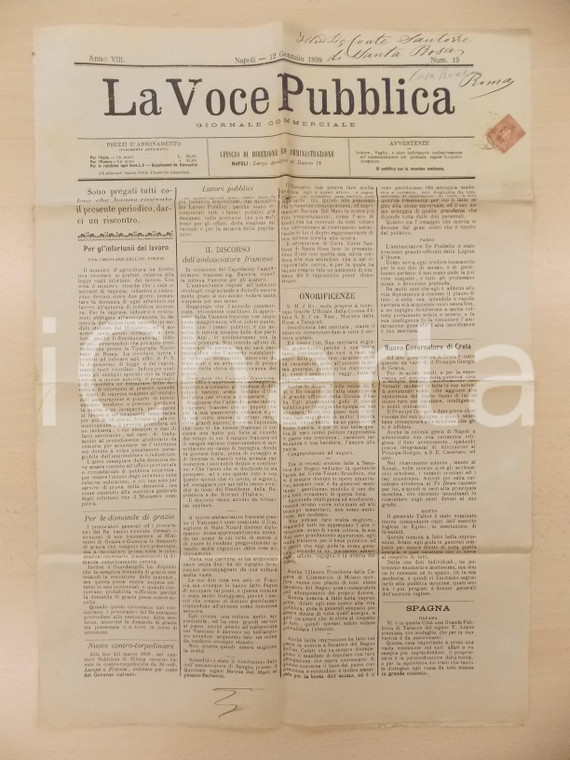 1899 LA VOCE PUBBLICA Giornale commerciale Per gli infortunii del lavoro