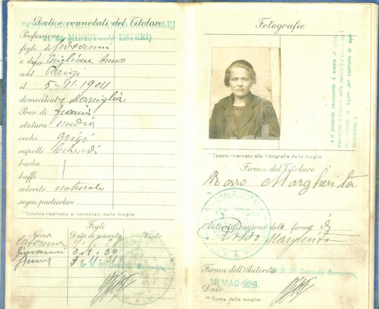 1929 MARSIGLIA Passaporto estero di Margherita ROSSO con fototessera DANNEGGIATO